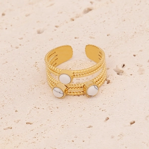 Three-layer gold stainless steel open ring with white stones and twisted texture