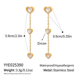 Detail view of heart zircon earrings in stainless steel with exact measurements