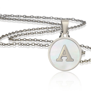 Elegant stainless steel necklace with a round shell pendant featuring a letter A engraving
