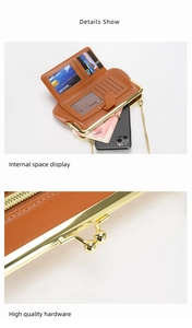 Detail of PU leather phone bag interior showing card slots and golden hardware clasp