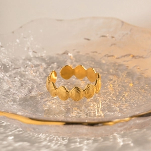 Detailed view of 18k gold stainless steel ring with elegant wheat shell texture
