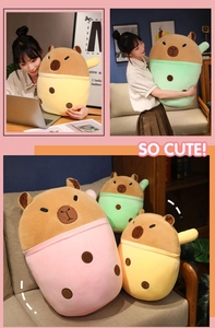 Three colors of soft capybara plush dolls in milk tea cups held by a model in a cozy setting