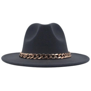 Detail of dark grey fedora with wide brim featuring a rose gold chain decoration