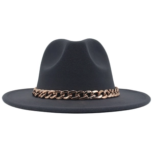 Dunkelgrauer Wollfilzhut Fedora mit dekorativer roségoldener Metallkette für Damen und Herren