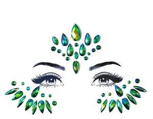 Macro detail of green and blue gradient face jewels showing waterdrop and round shapes