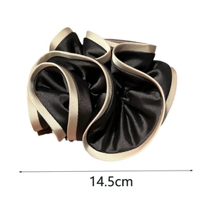 Black satin hair scrunchie with beige trim edge and double layer floral bud design
