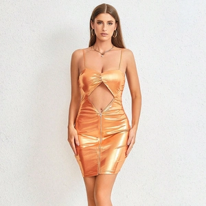 Vestido Corto Metalizado Sexy Abertura Bodycon Tirantes Finos Discoteca Fiesta Cremallera Frontal Naranja Dorado Brillante