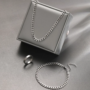 Detailed view of silver stainless steel jewelry set with Cuban chain necklace and ring