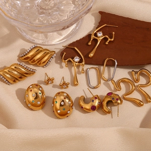 Vintage Stainless Steel Irregular Geometric Stud Earrings For Women Gold Plated Liquid Metal Rhinestone Earrings Jewelry