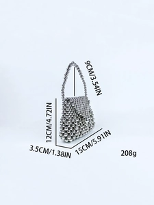 Handmade silver beaded mini handbag with metal beads and detailed size dimensions