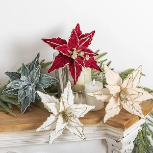 Velvet Poinsettia Christmas tree decorations with gold glitter edges in festive colors