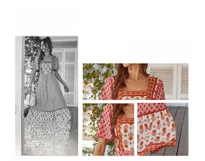 Detail of square neckline and floral print on bohemian puff sleeve maxi dress