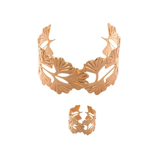 Parure de bijoux avec bracelet et bague feuille de ginkgo en or rose pour femme
