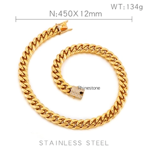 Detail of 12mm golden Cuban link chain showing rhinestone clasp and dimensions specifications