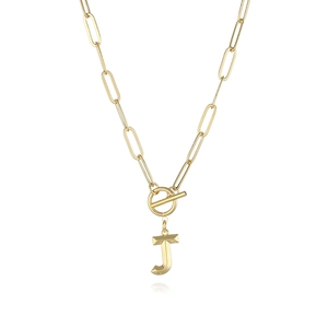 Close-up of gold paperclip chain necklace with a letter J pendant and toggle clasp