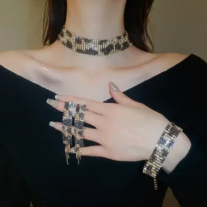 Leopard Print Jewelry Copper Rhinestone Wide Choker Necklace Long Tassel Earrings Adjustable Bracelet Women Fashion Party