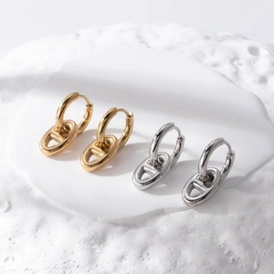 Detailed close-up of polished gold and silver pig nose anchor link earrings on stone
