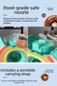 Close-up of food-grade silicone straw and breathable vent on donut water bottle