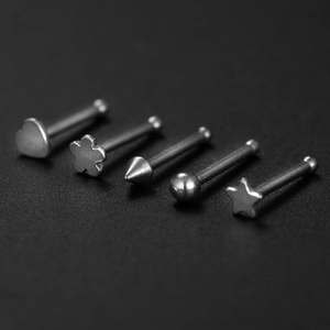 5-piece set of silver stainless steel nose studs featuring star, heart and flower shapes