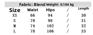 Size chart showing XS to L measurements for casual striped shorts with belt