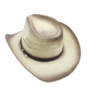 Detailed weave of cream cowboy straw hat with vintage brown gradient edge and leather band