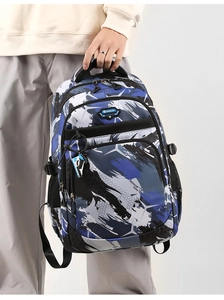 Detail of blue and black camo backpack with durable padded handle and spacious pockets