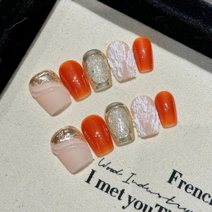 Handmade Pumpkin Orange Press On Nails Short Coffin Luxury False Nails With Gold Foil 3D Texture Decorative Manicure For Women