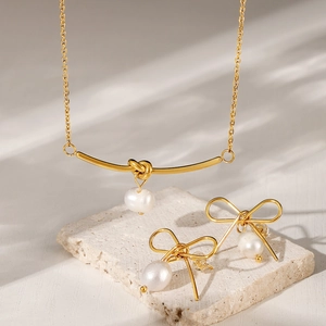 French style gold bow earrings and freshwater pearl necklace jewelry set for women