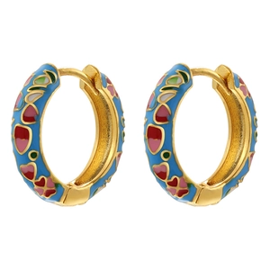 Detail of gold hoop earrings with blue enamel and colorful hand-painted flower petals