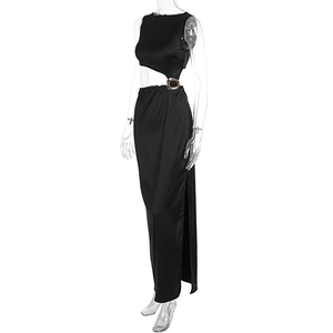 Detail view of black cut-out waist dress with gold metal ring and side high slit
