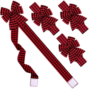 Red and black buffalo plaid ribbon bow set for cabinet and gift decoration with velcro fasteners