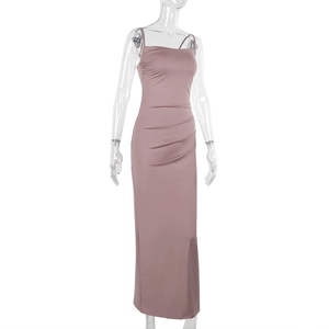 Detail view of pink side-ruched slim fit maxi dress with thin straps and elegant square neck
