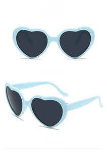 Front and 45-degree angle view of light blue heart-shaped sunglasses with dark lenses