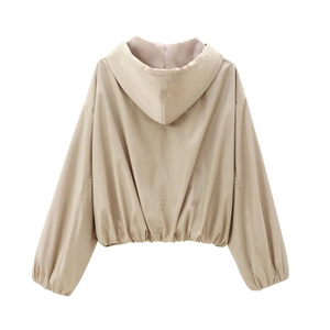 Women's autumn khaki hooded windbreaker jacket with a casual loose fit back view