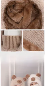 Detail of plush bear hat with integrated knit mask and thick fleece neck warmer