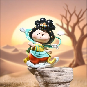 Cute Dunhuang Flying Goddess figurine in desert sunset scenery for desktop decor