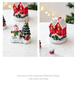 Miniature Christmas resin figurine set featuring a snowman, xmas tree, and snow house