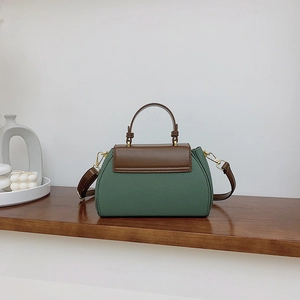 Detail of green litchi leather bag with brown flap on dark wood shelf background