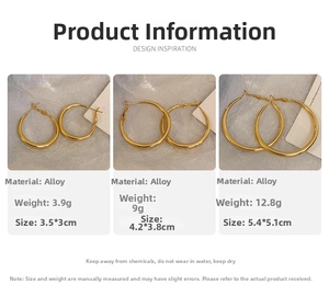 Three sizes of polished gold hoop earrings shown with detailed dimensions and weight info