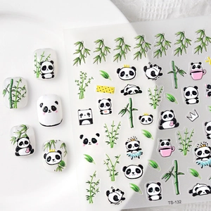 3D cute panda and green bamboo nail art stickers with embossed cartoon relief designs