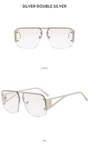 Positive and side view of silver half-rim aviator sunglasses with metal hollow temples