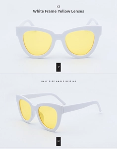 Detailed front and side views of white cat eye sunglasses with yellow lenses