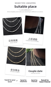 Detailed close-up of 3mm stainless steel Figaro chains in gold and silver finishes