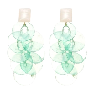 Elegant long shell drop earrings with tiered light green sequins and white stud