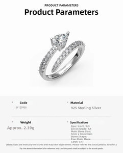 Detailed specs of S925 sterling silver ring with 0.5ct pear cut 5A cubic zirconia