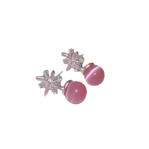 Pink flower earrings with cat-eye stone and cubic zirconia in silver-tone finish