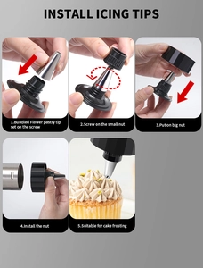 Five-step guide to install icing tips on the stainless steel cookie press gun kit
