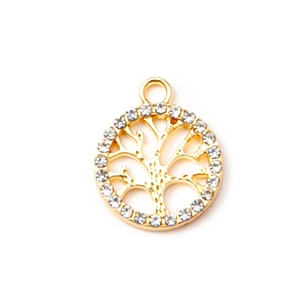 Golden tree of life pendant with sparkling crystal halo on a clean white background