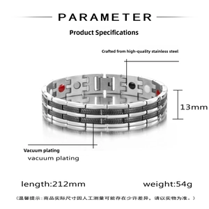Detailed specs of magnetic steel bracelet with 212mm length and 13mm width dimensions