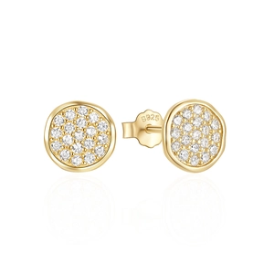 Detail of S925 hallmark on gold plated round earrings with paved cubic zirconia stones